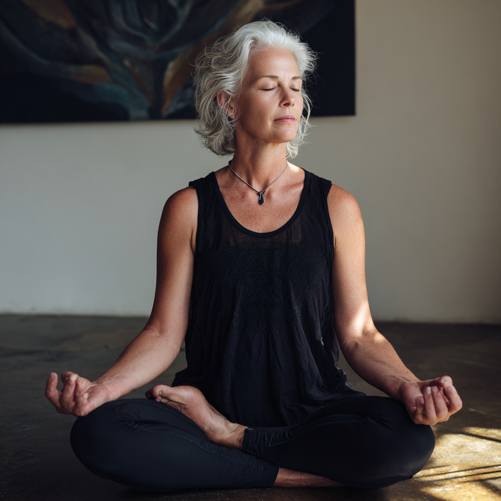 Mature woman in peaceful yoga pose during meditation practice at lungetor studio