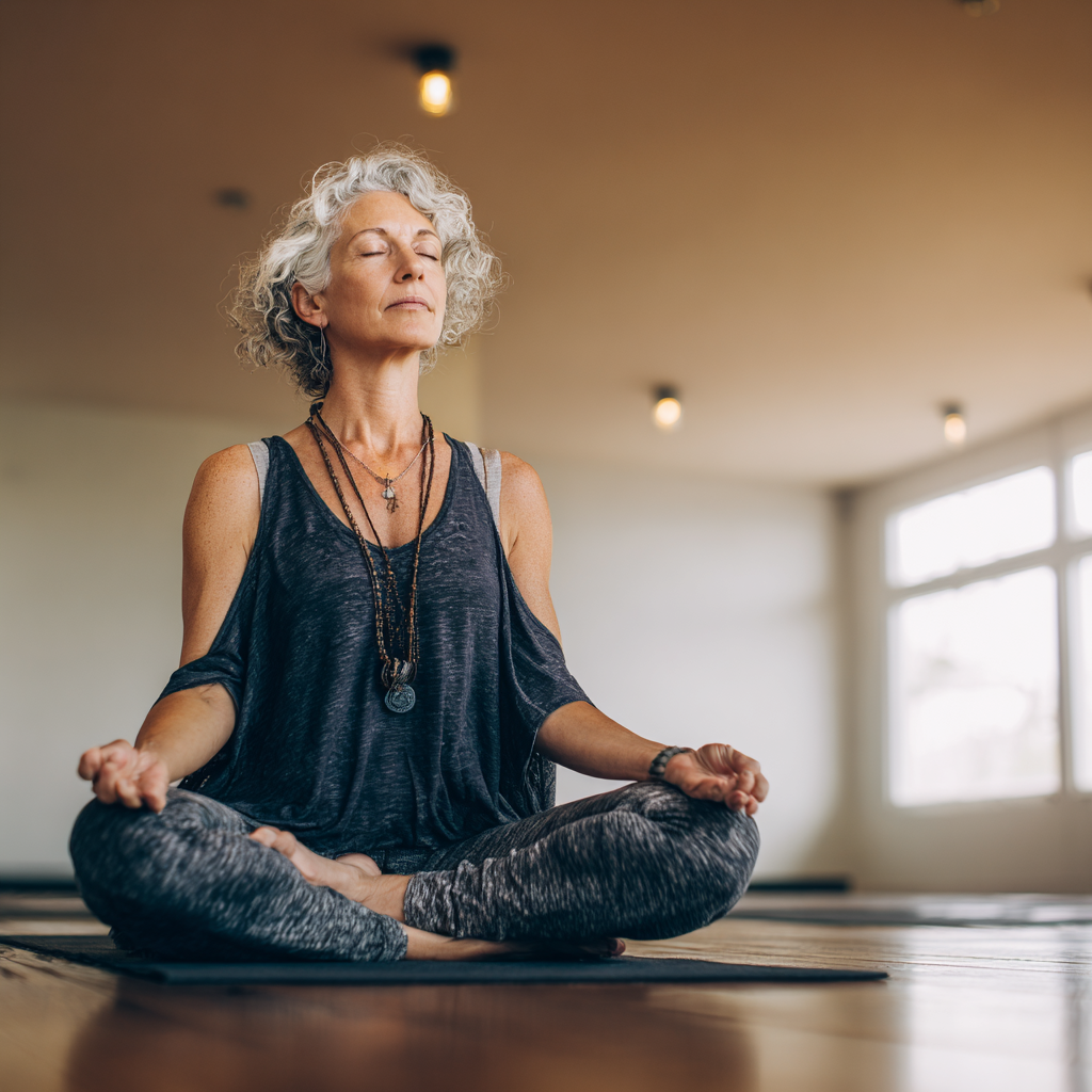 Middle-aged woman practicing mindful yoga poses in peaceful studio environment
